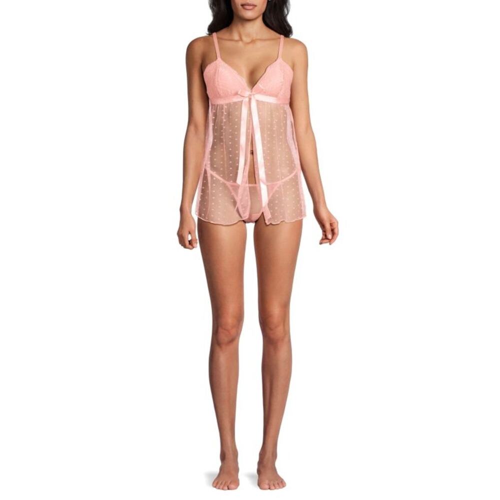 Flora Nikrooz Cynthia 2-Piece Bow Babydoll & Thong Set Size S Lingerie Sheer